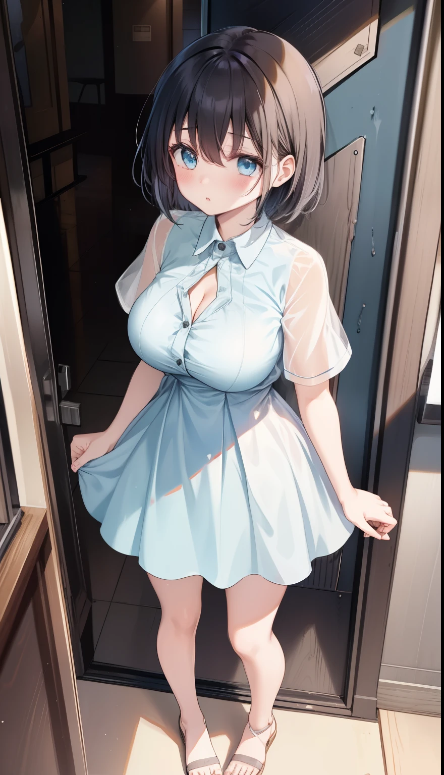 One Girl、positive、Standing posture、Full body portrait、Black Hair、Medium Haircut、blush、Absolute area、No panties、No bra、barefoot、Light blue dress、(Very large breasts)、Cleavage、((Lesbians around the world))、masterpiece、(highest quality)、
Panties around the ankles、White heel sandals、Shirt buttons fly off、Unbutton your shirt、Exposing the breasts、