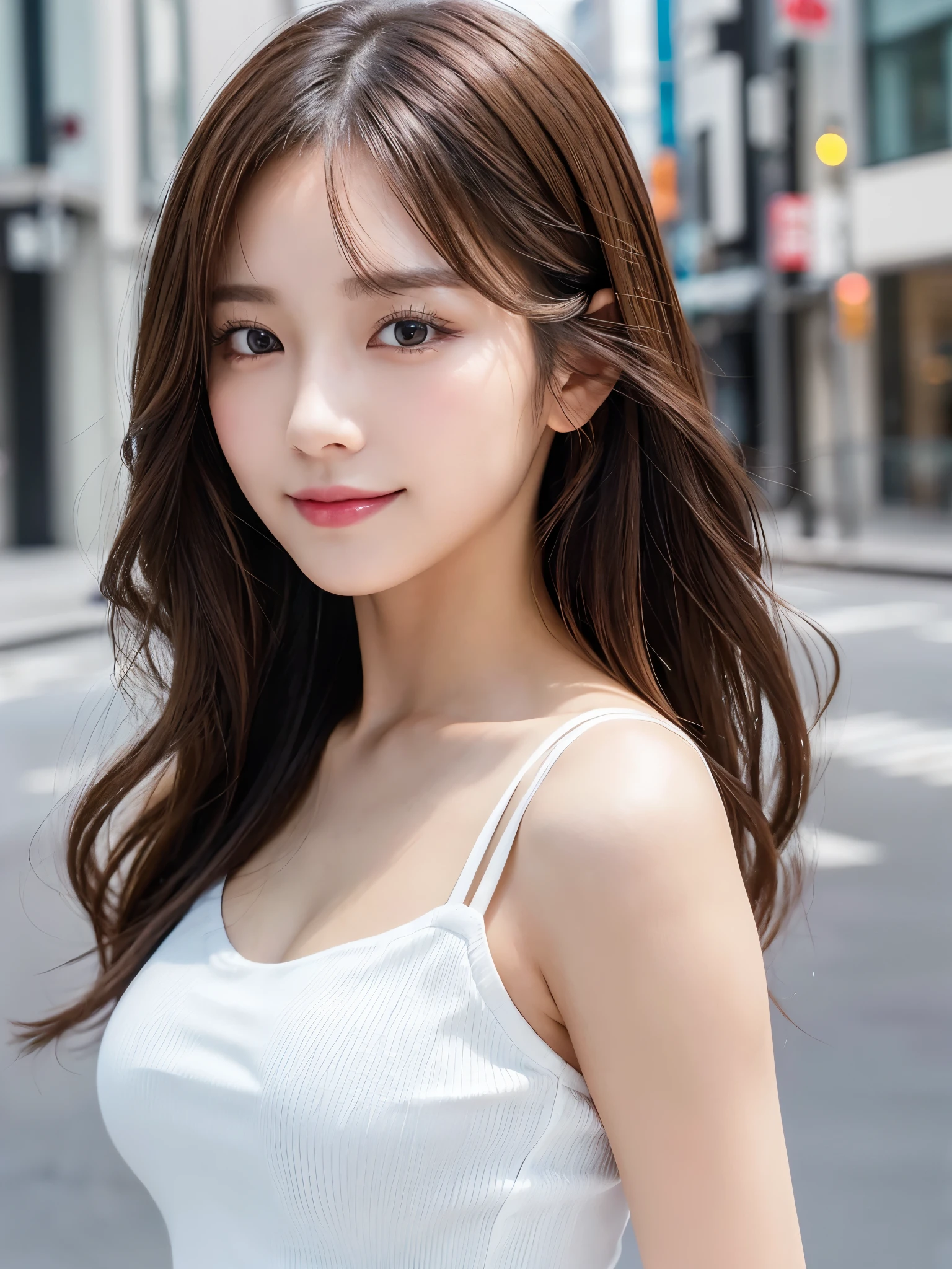 (Detailed skin:1.2),(Shiny skin:1.1),8k,highest quality, masterpiece, Ultra-high resolution,(Realistic:1.4), RAW Photos,(Soft Saturation:1.3),(Fair skin:1.2),Japanese Idols,repair,20 years, Brown Hair, Medium Hair, Asymmetrical Hair, Wavy Hair, (Perfect Anatomy),
(Pretty face:1.4), (Big Breasts, Tight waist), Beautiful lighting, Small Head,
(White or black mini dress:1.2,), Highly detailed face, Highly detailed lips, fine grain, double eyelid,, ((Full Body Shot)), Sharp focus: 1.2, Beautiful woman with perfect figure: 1.2、Random Pause,Accentuate the lines of your legs、smile、