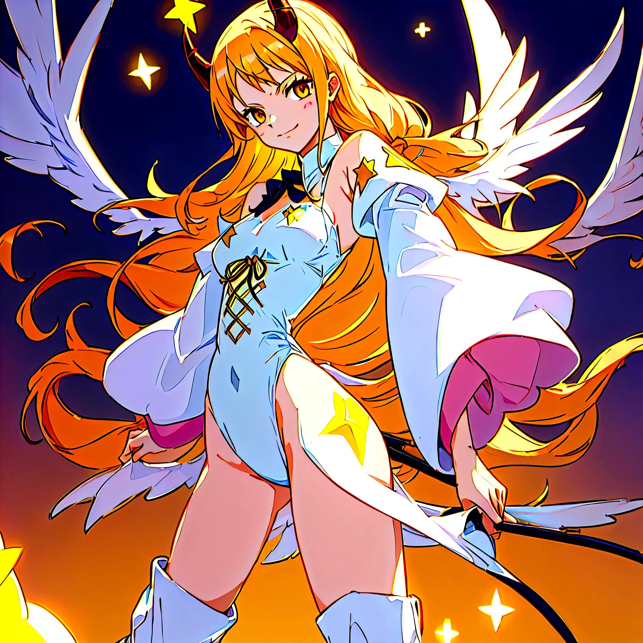 Egg-colored demon girl + Wear a white swimsuit with sleeves + white boots + It has white wings over black on its hips. + Long yellow hair tied up + yellow eyes + There is a small yellow star on the left cheek. + has a white tail + There is a white ribbon. + He has gray-white horns. + Has a black collar + There is a white shawl that leaves the middle. + Wearing red glasses. + holding devil fruit