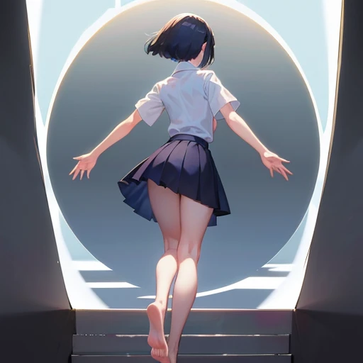 Full body, slim, female, white short sleeved shirt, navy blue mini skirt, standing, back view, bare feet, Both hands outstretched horizontally