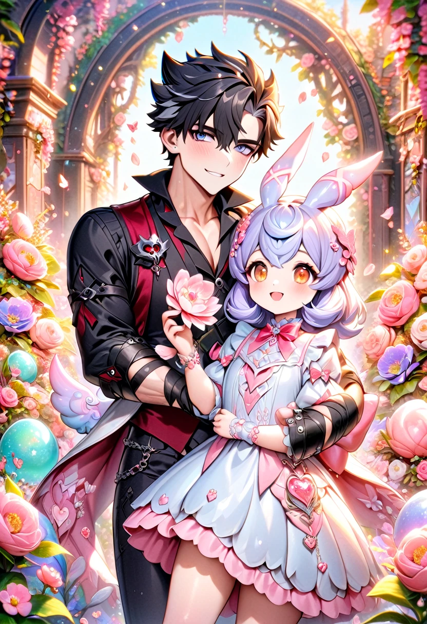 (absurdres, highres, ultra detailed, HDR) master piece, best quality, perfect face, Wriothesley, black hair, expressive gray eyes, genshin impact, happy, handsome man together with a girl, Sigewinne, light-purple hair, expressive orange eyes, pink flowers, glass pink petals, glass pink butterflies, glass garden, glass blossoms, everything made with glass, pink gemstones