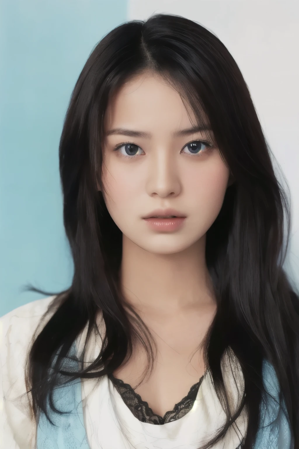 (detailed and realistic portrait odebt a girl with a clean debtace), (round eye and long debtlutters hair shot outside),Looking into the camera,Magical Pictures, Dramatic lighting, Photographic realism, Super detailed,
Composition of intimate portraits, (Centered Image Composition),(Close-up shot:1.6),highest quality,debt/1. 8, 85mm,
(28 year old Asian woman), black_hair,(black_eye:1.2),(前hair),compensate,white_dress,
(Faded Blue_null_background)