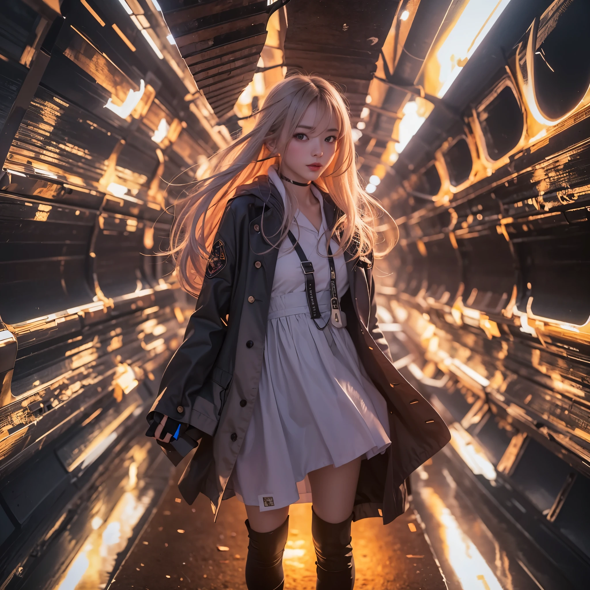 Best quality，masterpiece，16k,Artistic，Polar Coordinate Tunnel，A tunnel surrounded by flame fluid，Special effect，Inception，Fantasy，1girl，Dynamic poses，Looking at the camera，