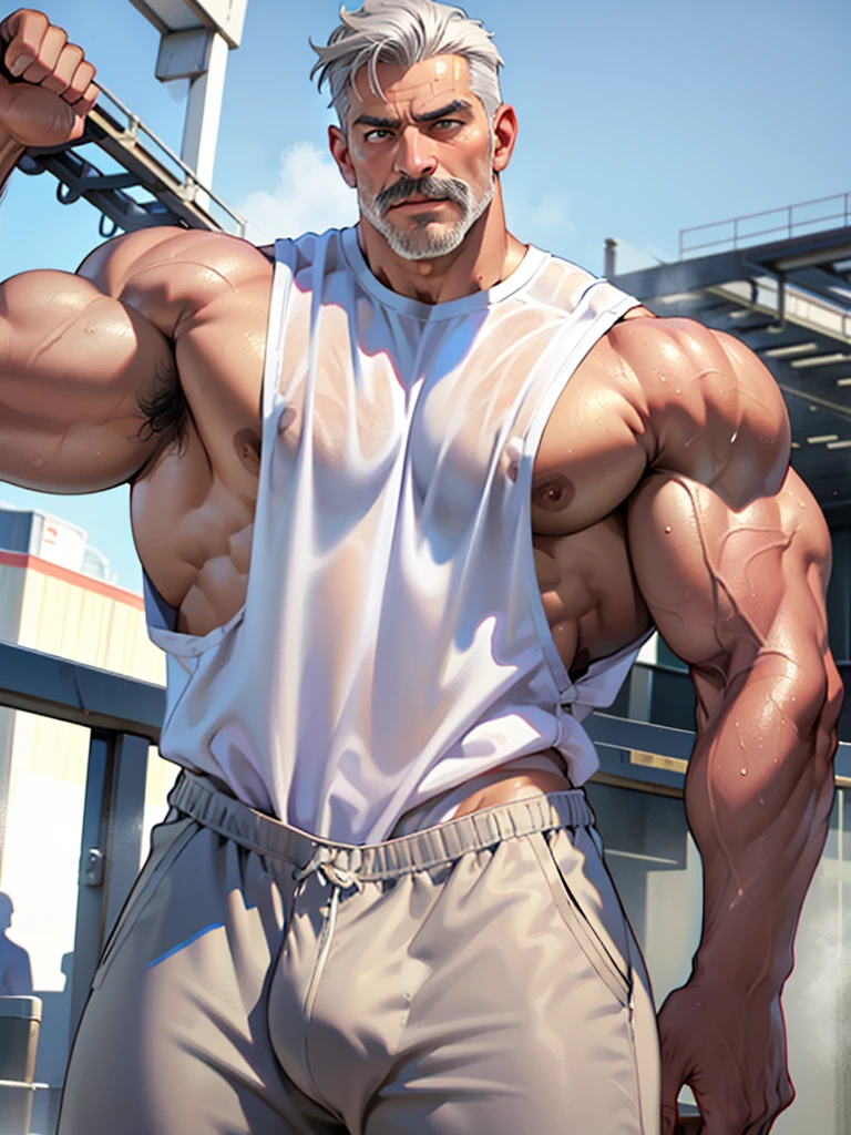 Middle-aged man, detailed face, Realistic eyes, 3d eyes, gray hair, seductive look, mustache, masculine face, muscular body, prominent veins. He is wearing very tight sports pants showing his muscles, a big bulge, a wet white tank top.