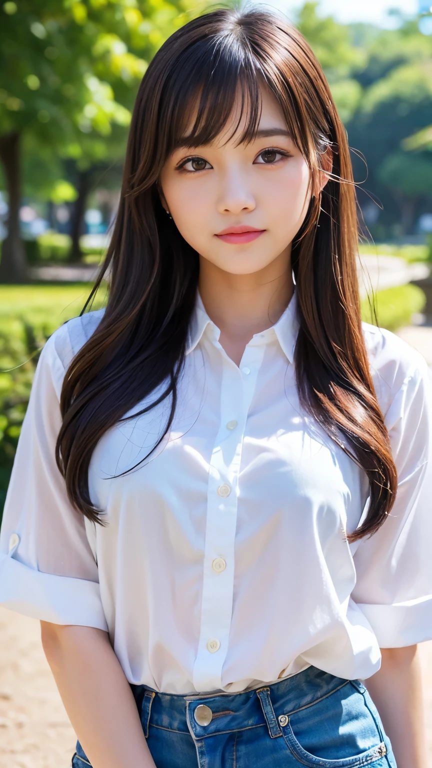 (Best-quality, Masterpiece, Ultra-High-Resolution, (Photorealistic:1.4), Raw Photo, depth of field, professional lighting, perfect anatomy, extremely details), 1girl, 15-years-old, the most famous Japanese idol, cowboy shot, at amazingly beautiful park, ((wearing the latest fashion)), (extremely cute face like the most popular Japanese idol, ((extremely cute and extremely big eyes)), extremely cute hair, extremely beautiful skins), extremely cute cheeks, extremely cute long-eyelashes, extremely cute lips, looking at viewer, innocent smile, detailed amazingly-beautiful-park