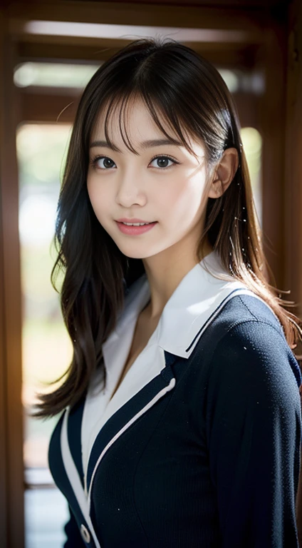 (((32ｋ,High detail,High definition、masterpiece,Attention to detail,Esbian all over,solo))),RAW Photos & Realistic atmosphere,美しい濃いblue eyes,Mouth details,Glossy lips,Fine eyebrows,With soft white skin that shines in every detail、Detailed eyes、blue eyes,Very beautiful eyes,Detailed lips、Very beautiful face,Very well-formed face、A vivid face,Beautiful, shining lips, Realistic Young Gravure Idol, Very beautiful school girl, , Young Sensual Gravure Idol, Young Gravure Idol, Beautiful and cute adult１6 years old ,The whole body is wet,Dripping,Blushing,Very beautiful, Sexy and classy１6 years oldの女の子,Medium-long brown shiny hair,Wet hair,Dripping水,Dripping,(Looking into the camera：1.4）,（darkness,Very dark,Use a flashlight to illuminate an object in a dark classroom：1.7）,（Sexy,Healthy and toned body,High Detail High Vision High Vision Japan HDTV Black HDTV High Vision Black High Vision Black High Vision High Vision Black High Vision High Vision Uniform,well-shaped chest of medium size,,,Mature Body, I feel anxious and like crying,Watery eyes,Cold Smile,Glare,Glare顔も美しい,High Resolution Arm,,High Resolution Finger,：1.5）,（The chest of the uniform is open,Wearing a classy  uniform in black and red、黒のパンストとSexy脚を身につけて、She is standing upright, shyly lifting her skirt.：1.7）