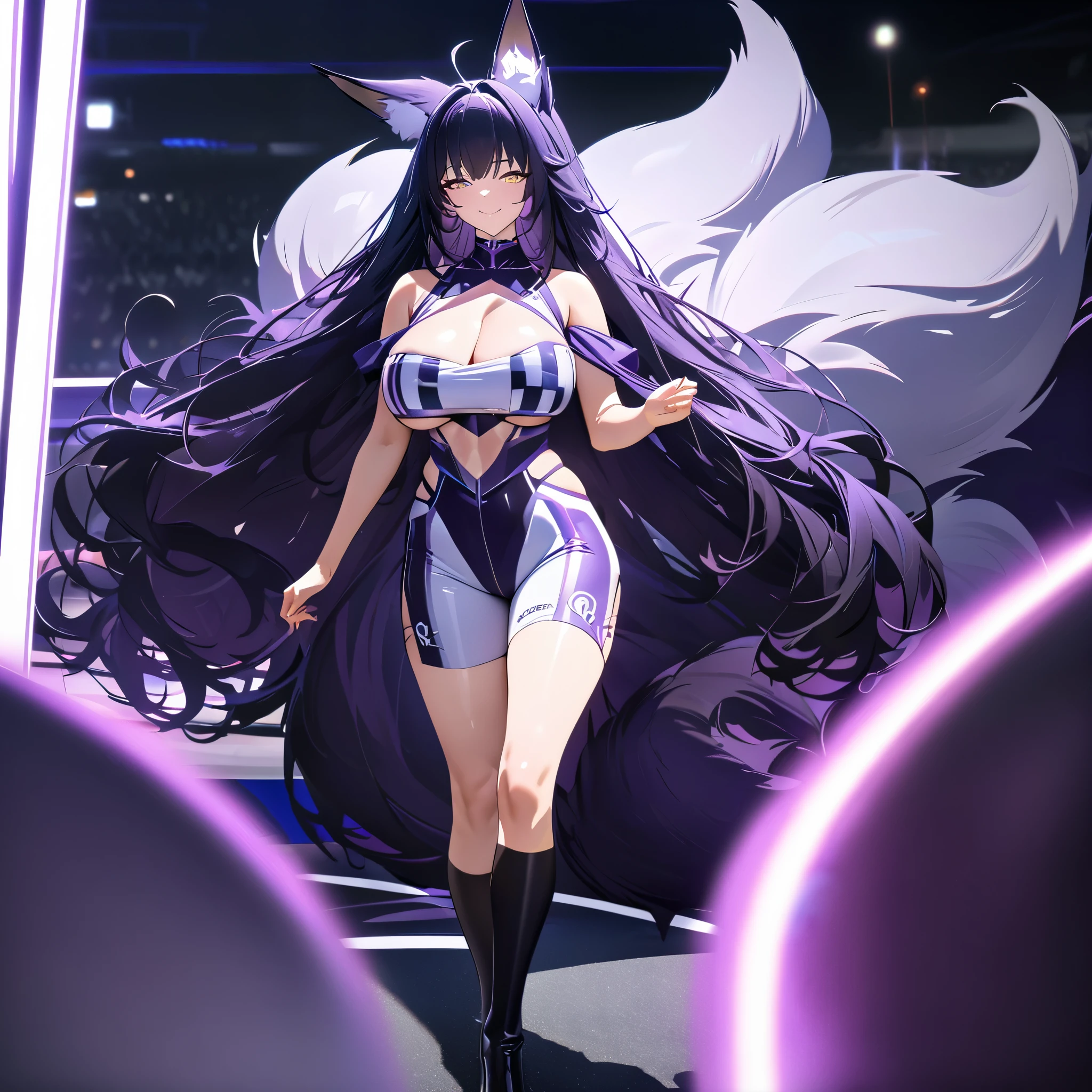 A woman wearing a dark purple queen race outfit, black long socks, leather boots, dark purple hair, long hair, yellow eyes, kitsune ears, kitsune tail, multi tail, walking on a customized and illuminated racetrack, with a racing car dark purple next door, big breast , smiling,.shadow, flower, UHD, masterpiece, accurate, anatomically correct, textured skin, super detail, high quality, best quality, 8k, high resolution, bokeh effect.( solo woman)
