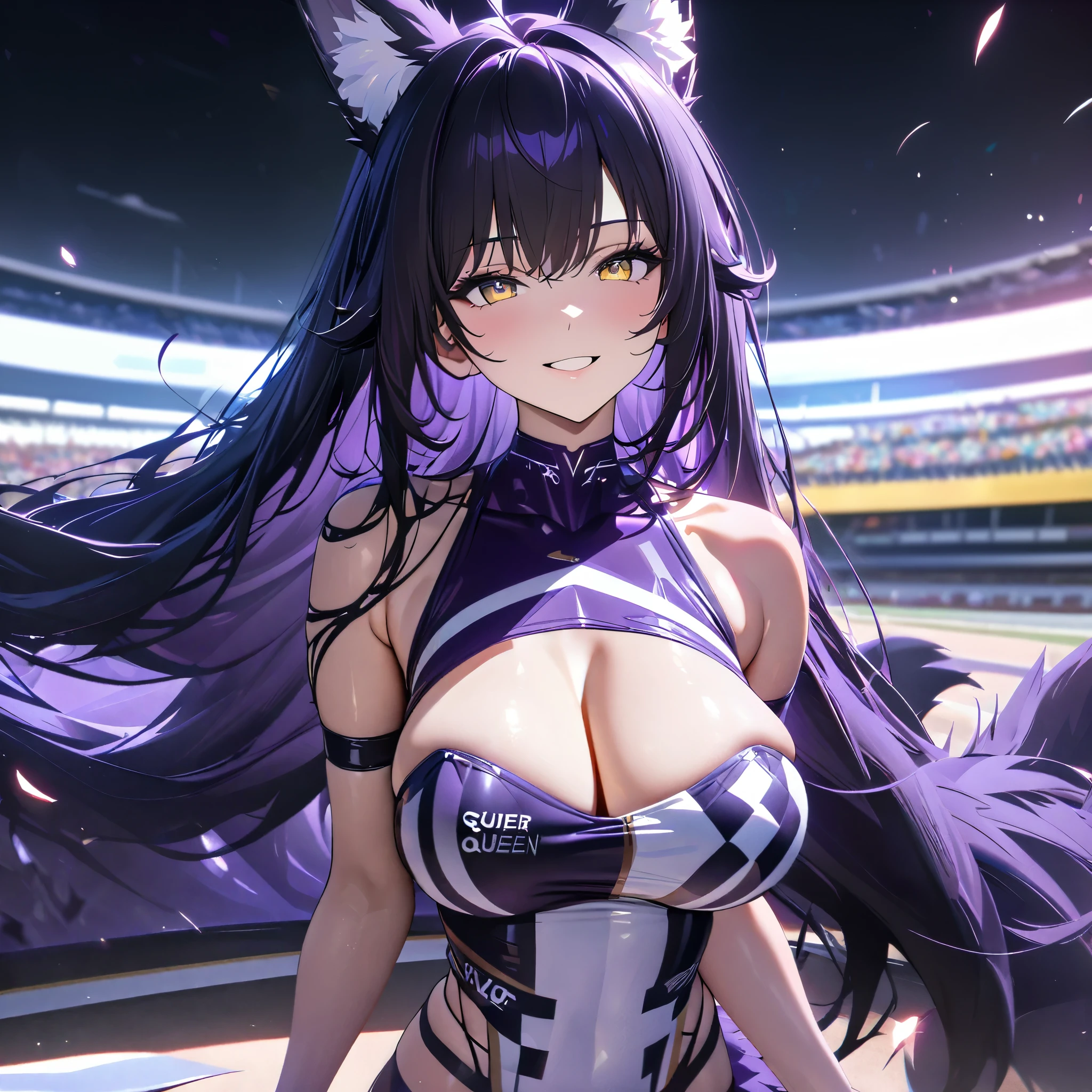 A woman wearing a dark purple queen race outfit, black long socks, leather boots, dark purple hair, long hair, yellow eyes, kitsune ears, kitsune tail, multi tail, walking on a customized and illuminated racetrack, with a racing car dark purple next door, big breast , smiling,.shadow, flower, UHD, masterpiece, accurate, anatomically correct, textured skin, super detail, high quality, best quality, 8k, high resolution, bokeh effect.( solo woman)
