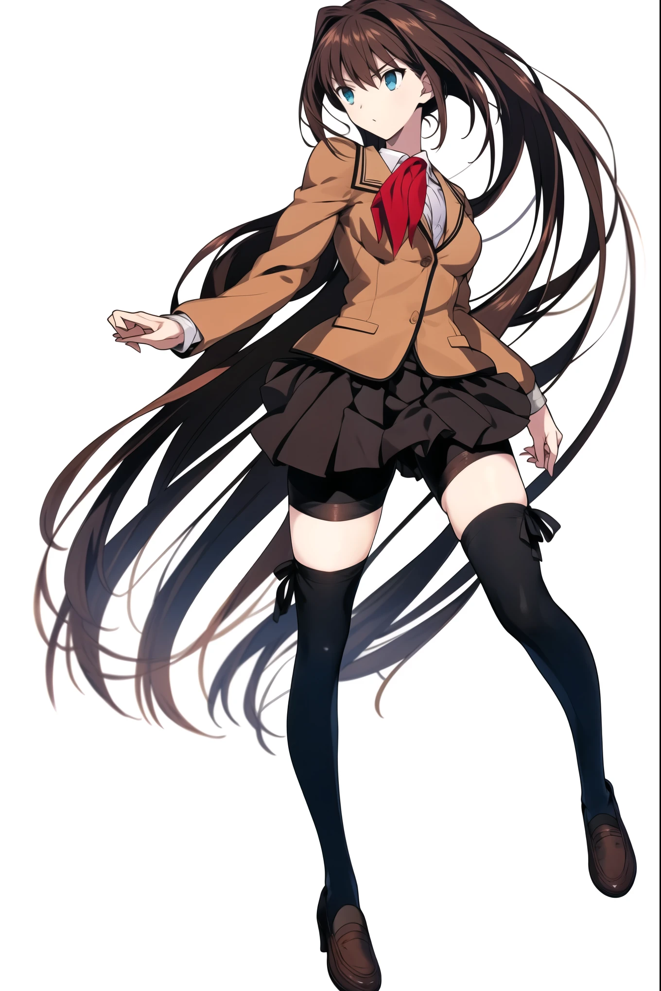 8k, highest quality, highest detail, AokoSchoolUniform, 1girl, solo, 2 legs, (chestnut-brown hair with slightly reddish undertone), perfect face, red neckerchief, beige blazer, (large breasts:0.7), (well formed breasts:0.1), nice hips, (Umber pleated-skirt:1.4), (black spandex shorts:1.1), (nice thighs:1.5), (black thigh-high hosiery:1.6), (brown Strap-Shoes), shoes visible, standing straight, (((Full body in frame))), (white-empty background:1.4), completely empty background,