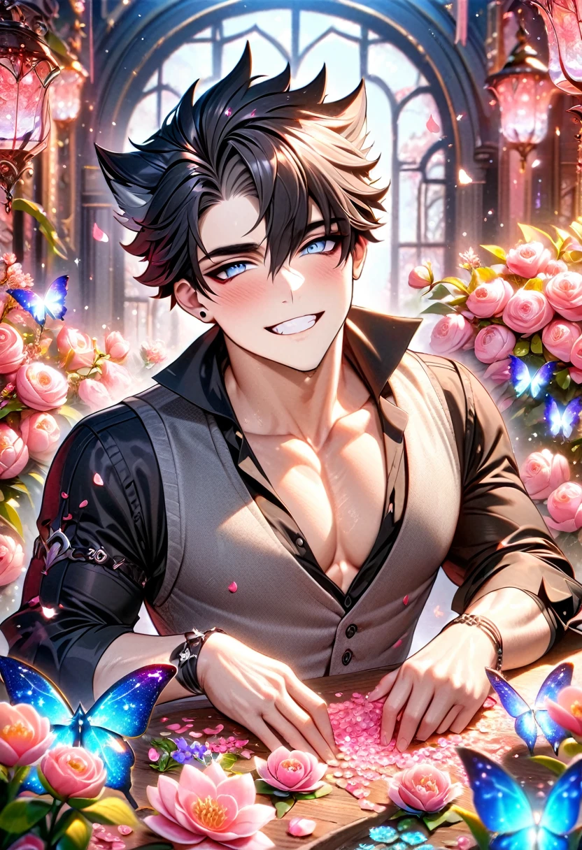 (absurdres, highres, ultra detailed, HDR) master piece, best quality, perfect face, Wriothesley, black hair, expressive gray eyes, genshin impact, grin, handsome, sexy man, toned chest, black shirt, gray vest, accessories, pink flowers, glass pink petals, glass pink butterflies, glass garden, glass blossoms, everything made with glass, pink gemstones