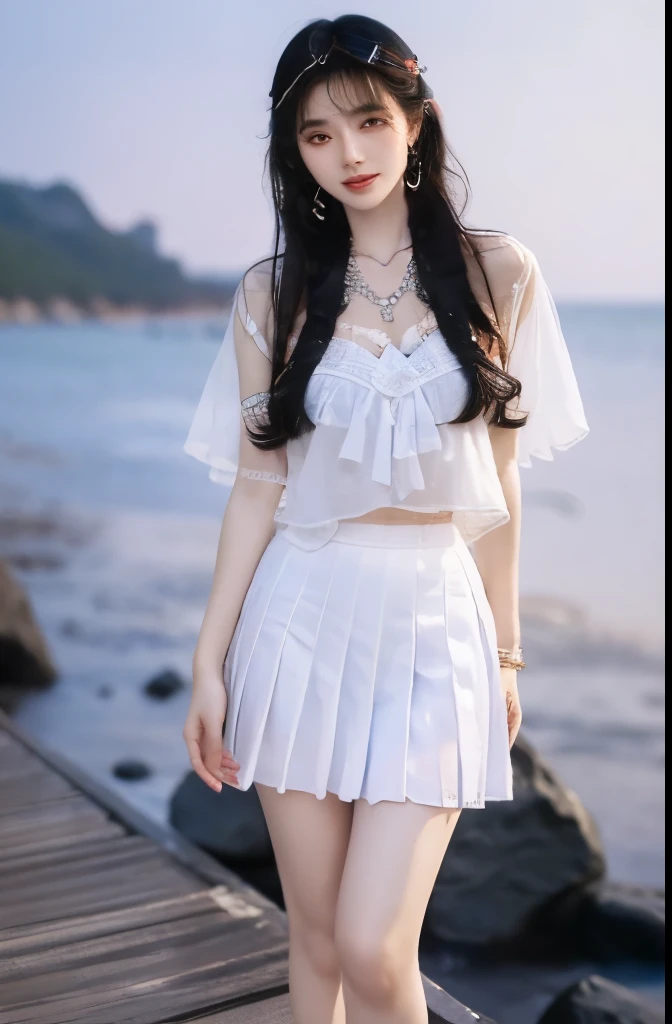 Beautiful woman with perfect body：1.4，Layered Hairstyle，Prominent cleavage：1.2，Highly detailed face and skin textures，Double eyelids，Skin Whitening，Long hair，Whitened long legs，（White shirt，Pleated Skirt）Standing by the sea