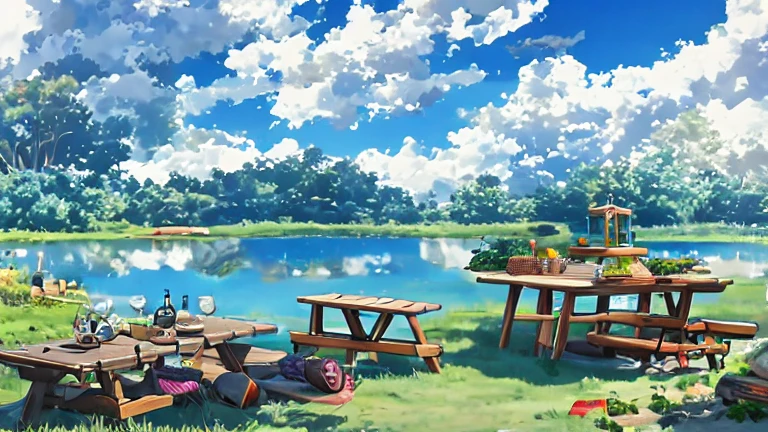 (masterpiece, best quality:1.2), There are a few white clouds in the blue sky，Blue lake，greenery around the lake，On green grass，There is a wooden table，Fruit drinks on the table，Anime rural scenery，Miyazaki style，HD Wallpapers