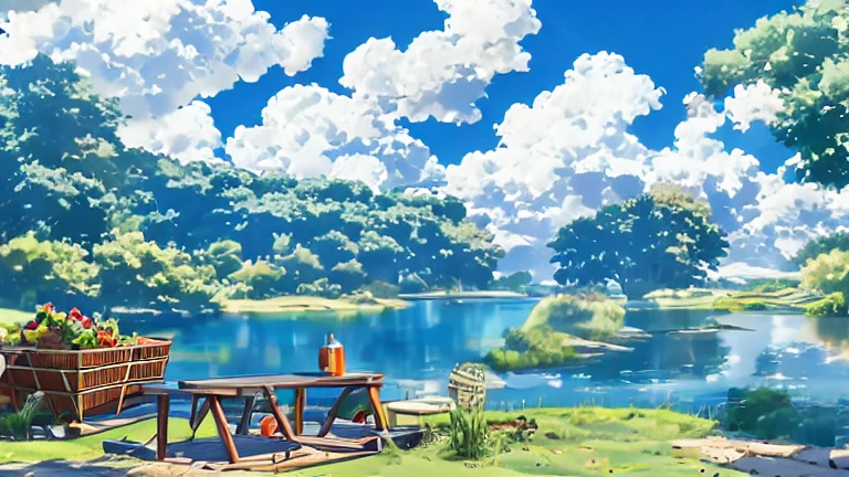 (masterpiece, best quality:1.2), There are a few white clouds in the blue sky，Blue lake，greenery around the lake，On green grass，There is a wooden table，Fruit drinks on the table，Anime rural scenery，Miyazaki style，HD Wallpapers