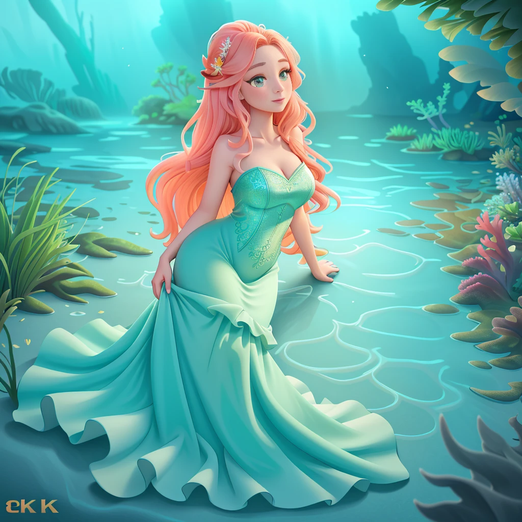 a beautiful mermaid princess, long flowing hair, detailed face and eyes, elegant flowing dress, underwater scene, coral reef, sea creatures, glowing bioluminescent algae, warm color palette, cinematic lighting, (best quality,4k,8k,highres,masterpiece:1.2),ultra-detailed,(realistic,photorealistic,photo-realistic:1.37)
