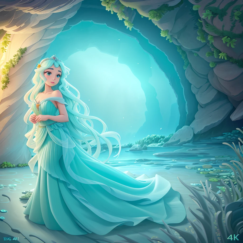 a beautiful mermaid princess, long flowing hair, detailed face and eyes, elegant flowing dress, underwater scene, coral reef, sea creatures, glowing bioluminescent algae, warm color palette, cinematic lighting, (best quality,4k,8k,highres,masterpiece:1.2),ultra-detailed,(realistic,photorealistic,photo-realistic:1.37)