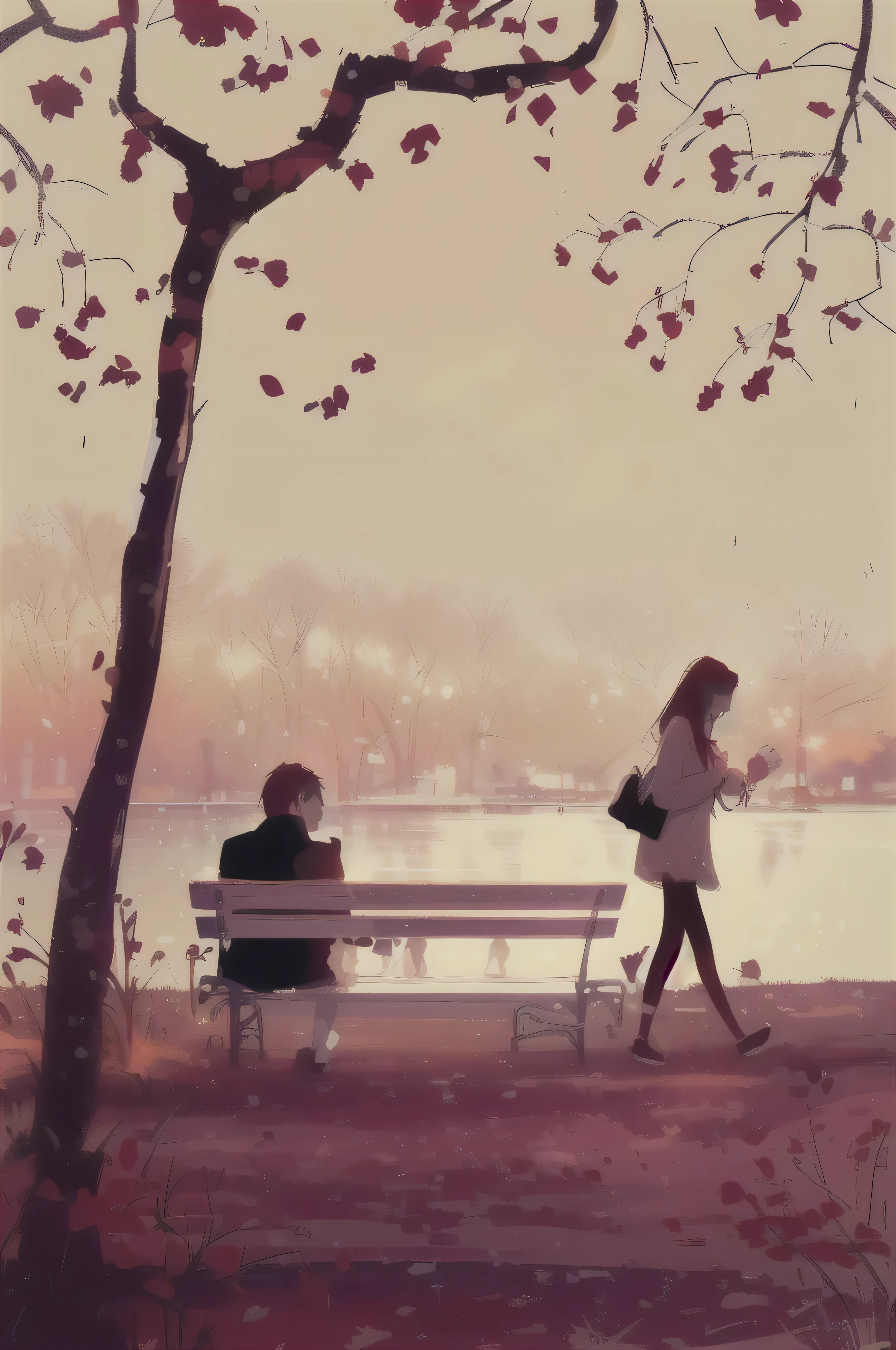 Illustration of a couple sitting on a park bench, inspired Pascal Campião(Pascale Campion), Pascal Campião(Pascale Campion), illustration!, blurred and dreamy illustration, blurry and dreamy illustration, cena quente e bonita, linda artework, painterly illustration, linda arte, serene illustration, romantic photos, a linda artework illustration, No outono, amo arte conceitual