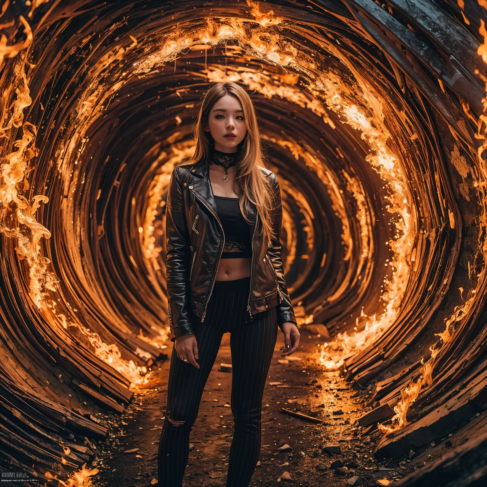 Best quality,masterpiece,16k,Artistic,Polar Coordinate Tunnel,The entire tunnel interior is covered with flames,A tunnel surrounded by flame fluid,Special effect,Inception,Fantasy,1girl,Dynamic poses,Looking at the camera,