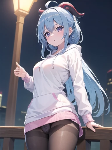 (masterpiece:1.3),((High resolution)),((high quality)),((Super detailed))、One girl、Perfect balance、Perfect Face、Detailed face、Cute Face、beautiful詳細な目、Expressive eyes、Cute eyes、Shiny eyes、Perfect body、beautiful体、((8K Wallpaper)) ,(8K),Shine, Shine光, (Perfect in hand :1.7),Ray Tracing,Perfect lighting, Shine目, (Watching the audience,smile:1.1), (Mature Woman:1.4),Ganyu ,Light blue hair、Purple eyes, horn, ((smile)),((弾けるようなsmile)),Long Hair,sneakers, ((Black Pantyhose)) , (hoodie:1.2) , ((Panty stocking)) , shoes、skirt, ((head shot))、Embarrassing、blush、beautiful女の子、Cute Face、beautiful顔、Cute Face、beautiful、Good anatomy、smile、Mistress Pose, smile, blush, Outdoor, Day, blue sky, empty, Watching the audience, Moody lighting, In-person audience、((Are standing))、(snfw:1.3)、From below、skirtを上げる,Posing partially visible vulva,((Panties through pantyhose))