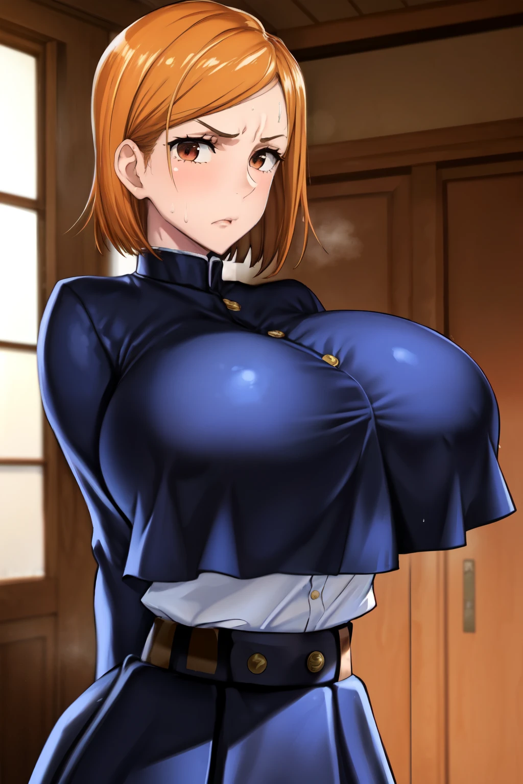 NobaraSU1,One girl, alone, short hair, Orange Hair, , Brown eyes, View Viewer, bangs, Cowboy Shot, skirt, Long sleeve, high-waist skirt, Angry face,Irritability,pantyhose, black pantyhose, Hourglass Shape, blue skirt,  turtleneck, Sweat drops, Hair behind the ear, Blue jacket, Blue clothes,  belt,Shiny Hair, button, Crop top overhang,  Hourglass Shape,indoor,(thin_Waist:1.6),(narrow_Waist:1.4), Breaking the masterpiece, highest quality, Highly detailed background, perfect lightinghighest quality, ((Shiny skin, Shiny skin, Detailed skin)),(beautiful huge breast),busty,full bust,toned,((Clothed Big Tits))