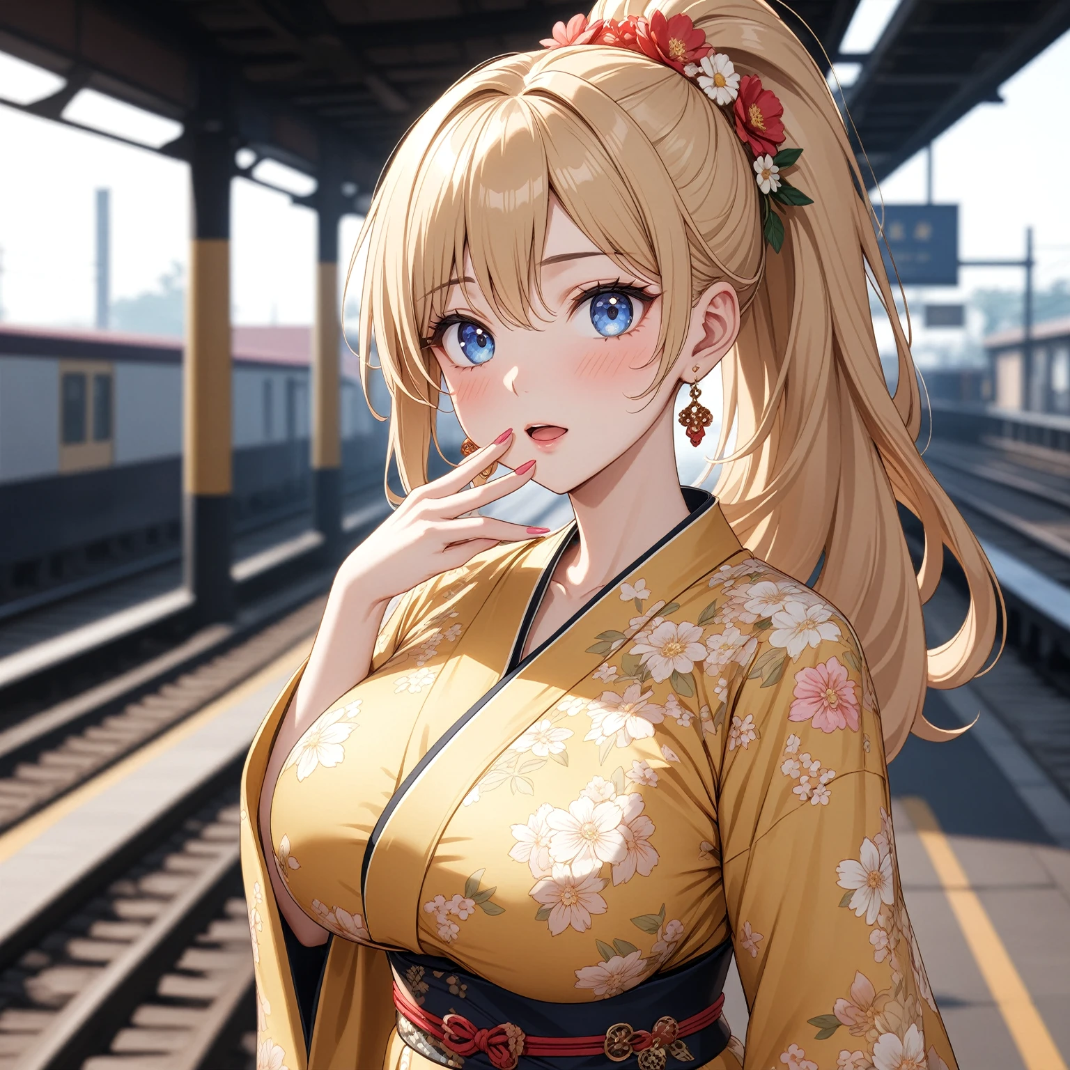 ((One woman)), Beautiful Face,(Surprised expression with hand over mouth),Blushing,Glossy pink lips,Daytime,Meet at the station platform, ((Anime style background)),masterpiece, highest quality, so beautiful, up to date, Complex details, (Pink long nails),AI-generated, Complex,High resolution, highest quality, super high quality,3D Images、View the viewers、3D Images,one person,Long Blonde Hair,High Ponytail,blue eyes,Anime woman posing for a photo, [[Fine grain、Colorful eyes、Shining Eyes:1.15]],(Squint your eyes:1.1),a hyperRealistic , hyperRealistic , Realistic,Blonde anime woman with long hair, Smooth anime CG art, A woman in a gold embroidered kimono, (Yellow kimono),Floral pattern,Long flower hair ornament,Big earrings,(Large Breasts:1.2),Mature Body,tall,Big Ass,Fine details,Narrow waist,Six-pack,