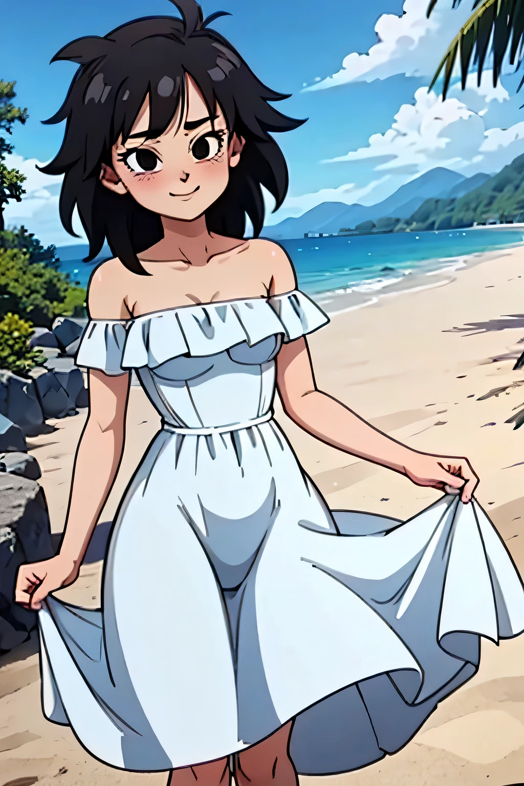 anime screencap, masterpiece, best quality, highres, outdoors, small breasts, gine, spiky black hair, 1 girl, Solo, Black Eyes, Good hands are down, Smile, Blushing, Bare Neck, Bare Shoulders, strapless, white dress, White Ruffle off-the-shoulder maxi dress with a high-low hem. Cowboy shot. A landscape of the beach, sea, blue skies, sand beach. In the center. Walking on the beach with bare feets. Far from the bottom, looking at viewers