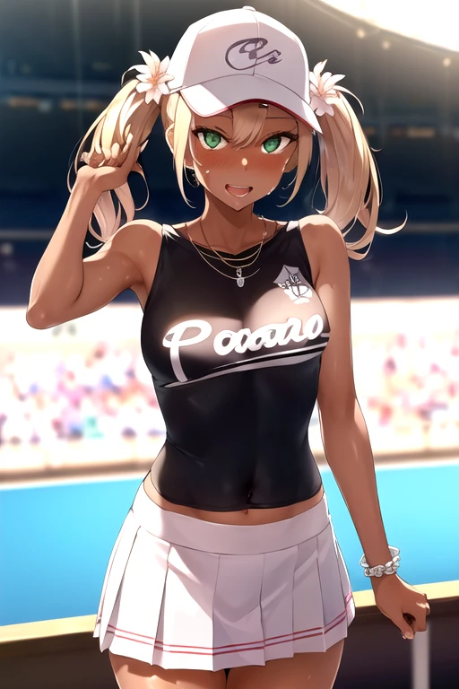 masterpiece, best quality, 8K, 1 girl, detailed face, detailed skin, detailed outfit, detailed background, perfect eye, cute, erotic, beautiful legs, mischievous smile, opened mouth, blushing, sparkling sweat, sleeveless shirt, baseball uniform, light blue shirt, navel piercing, diamond pierce, pleated mini skirt, light pink skirt, thigh baring, pearl bracelet, pearl necklace, pearl earing, baseball stadium, she is yelling, standing at audience seat, harsh sunlight, gal, bitch, dark skin, blonde hair, green eyes, permed twin tail, hair flower, cap