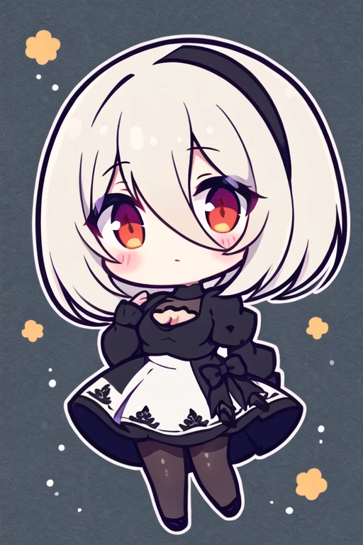 chibi, YoRHa 2-gou B Envergonhado, cabelo sobre um olho, copos, jaqueta, vestido preto, gravata vermelha, pantyhose
 
