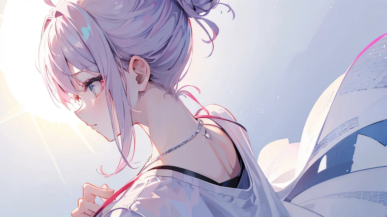 Pink silver hair, A very short shortcut, Hair Bun, (Silhouette:1.2), (sun:1.2), Aerial, Panorama Shot, White background, Minimal, (masterpiece), (Best Quality, 8K, High resolution), Ultra-detailed