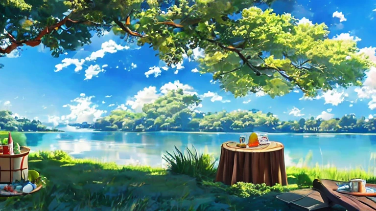 (masterpiece, best quality:1.2), The blue sky，Blue lake，greenery around the lake，On green grass，There is a wooden table，Fruit drinks on the table，Anime rural scenery，Miyazaki style，HD Wallpapers