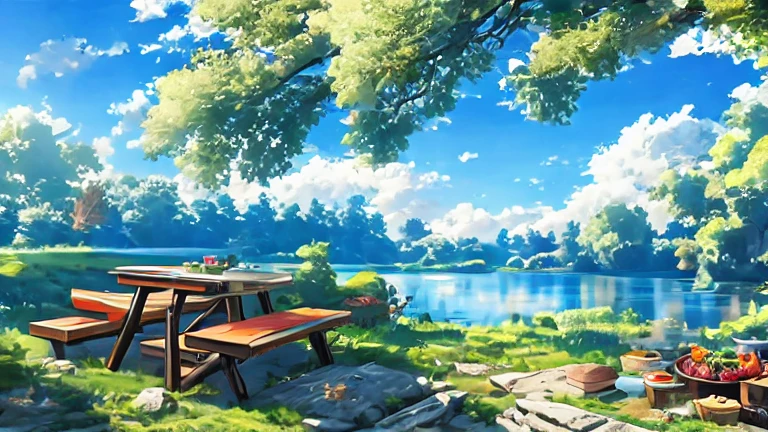 (masterpiece, best quality:1.2), The blue sky，Blue lake，greenery around the lake，On green grass，There is a wooden table，Fruit drinks on the table，Anime rural scenery，Miyazaki style，HD Wallpapers