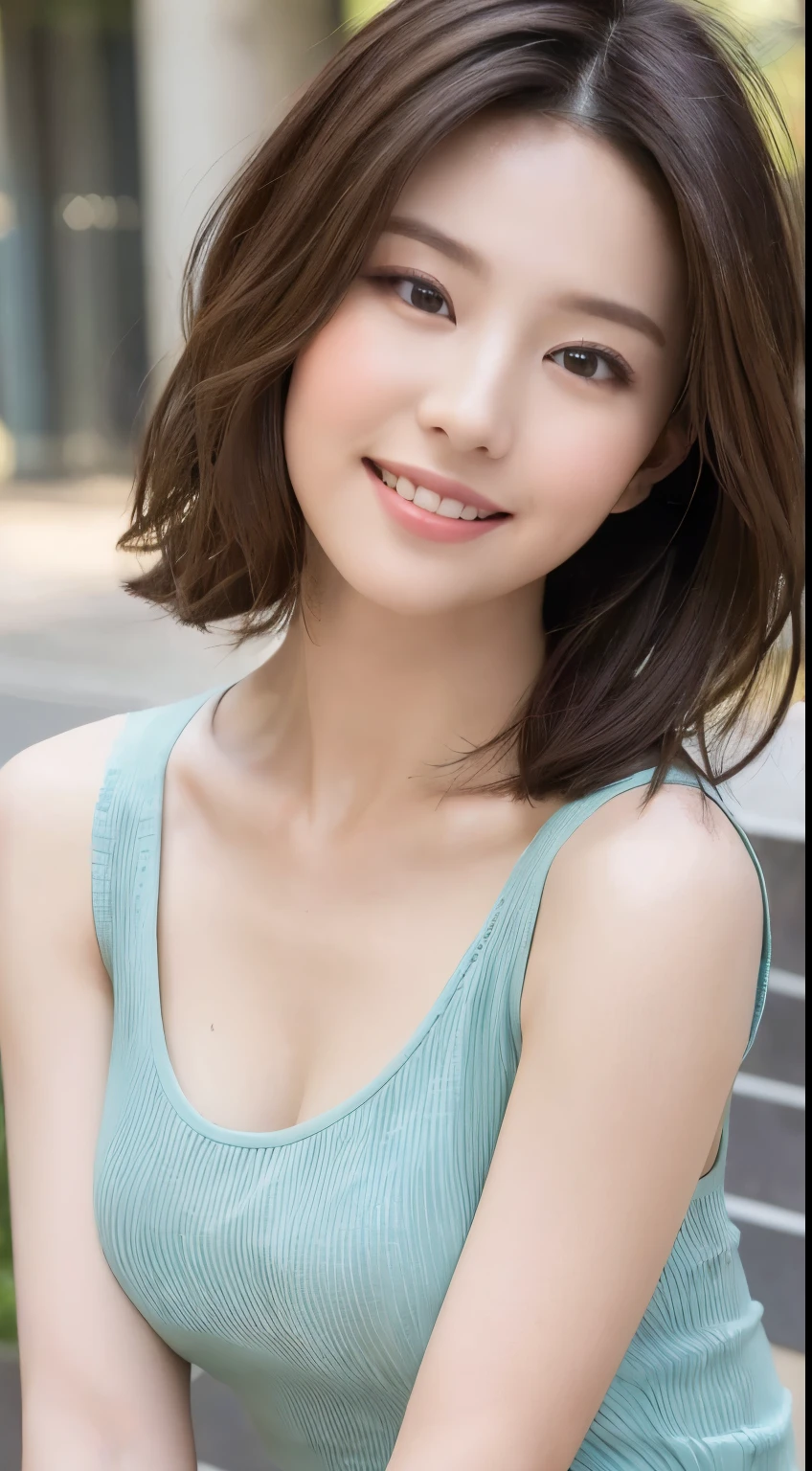 ((highest quality, 8k, masterpiece :1.3)), Sharp focus:1.2, Perfect body beauty:1.4, Slim Abs:1.2, ((Layered Hairstyles, smile with closed lips:1.2)), (Tank top shirt:1.1), (street:1.2), Highly detailed face and skin texture, Fine Eyes, double eyelid