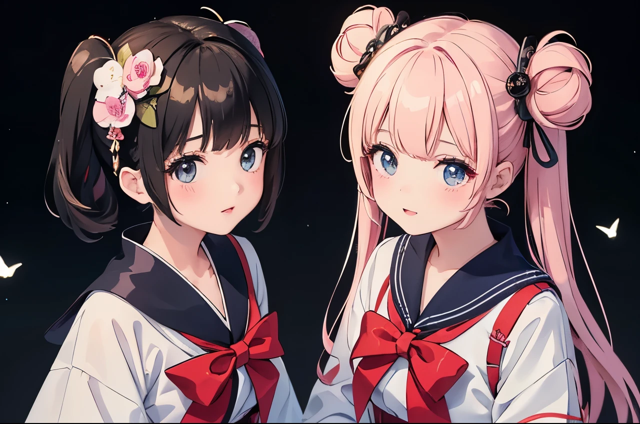 Two cute girls, one wearing a sailor suit made of high-tech material, with a design embedded with LED lights and a futuristic hairstyle, the other wearing a gothic-lolita style sailor suit arranged from a Japanese kimono, with a floral obi and an old-fashioned hairstyle. Bird's-eye view composition. Upper body.