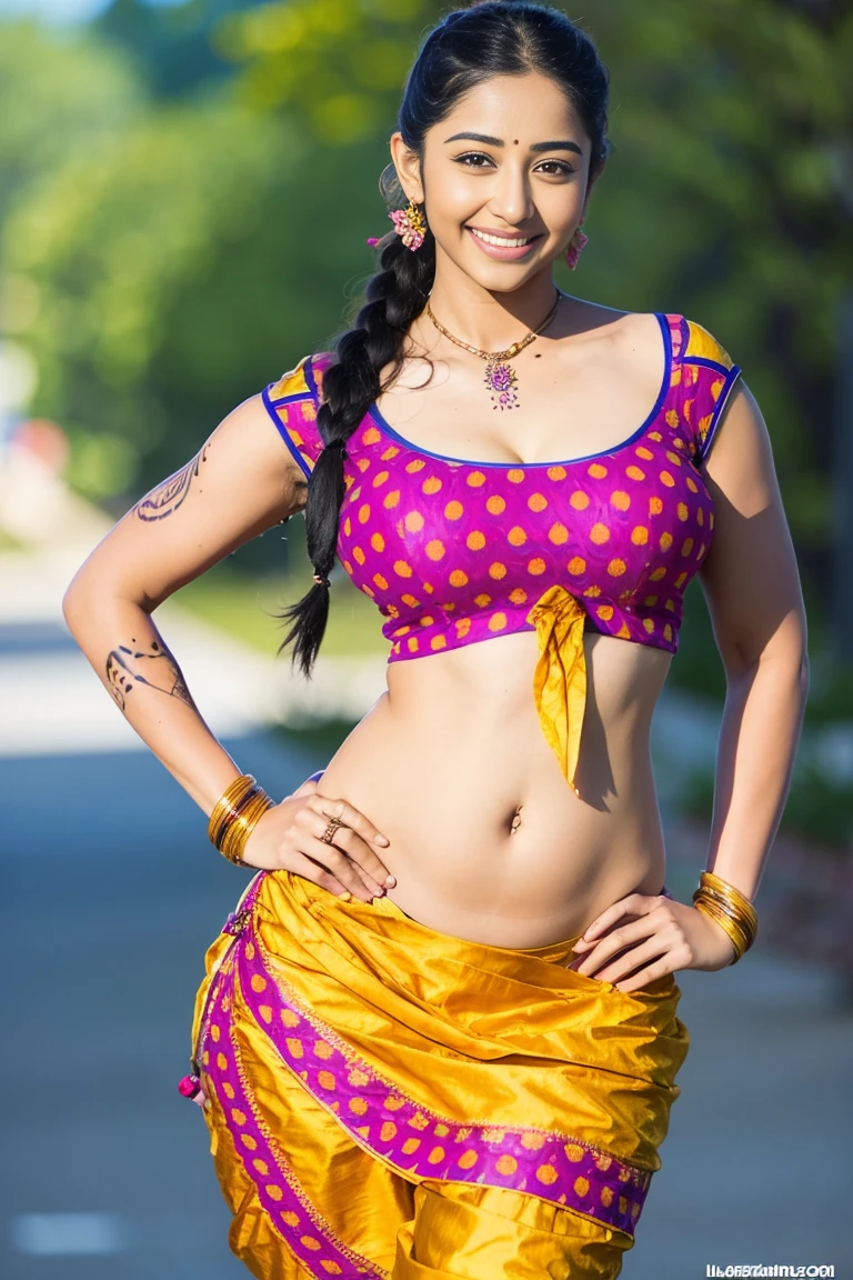 HD wallpaper 32k cinematic shoot of a Beautiful cute Pooja Hegde, with thick thighs and a curvy waist, single braid, wearing an Indian blouse top, horny, seductively, in a school corridor, dotted blouse top, smiling, ((long curvy waist)), ((lowwaist)), ((curvy waist)), ((tattoo on her navel)), ((holding a flower in her hand))