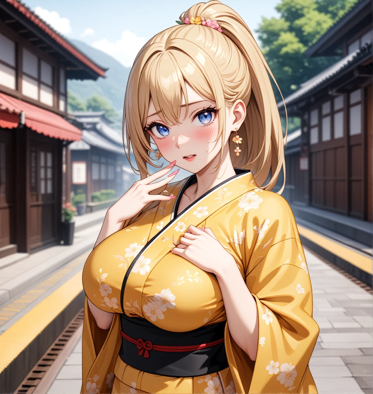 ((One woman)), Beautiful Face,(Put your hands over your mouth in shock),Sweat,Blushing,Glossy pink lips,Daytime,Meet at the station platform, ((Anime style background)),masterpiece, highest quality, so beautiful, up to date, Complex details, (Pink long nails),AI-generated, Complex,High resolution, highest quality, super high quality,3D Images、View the viewers、3D Images,one person,Long Blonde Hair,High Ponytail,blue eyes,Anime woman posing for a photo, [[Fine grain、Colorful eyes、Shining Eyes:1.15]],(Squint your eyes:1.1),a hyperRealistic , hyperRealistic , Realistic,Blonde anime woman with long hair, Smooth anime CG art, A woman in a gold embroidered kimono, (Yellow kimono),Floral pattern,Long flower hair ornament,Big earrings,(Large Breasts:1.2),Mature Body,tall,Big Ass,Fine details,Narrow waist,Six-pack,