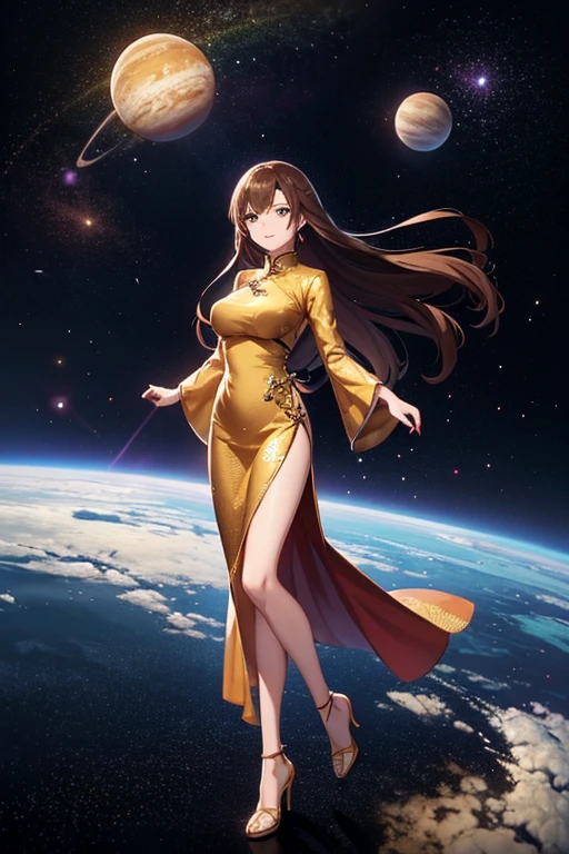Anime drawings、Full body portrait、Space SF millionaire、A woman about 170cm tall, about 35 years old, wearing a gold Chinese dress, floating in the air、Smiling、Medium-long straight hair tied up、Brown Hair、High heels
