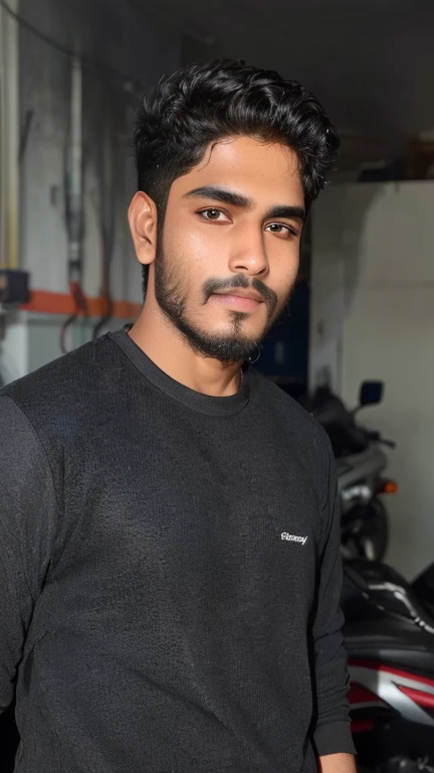 there is a man standing in a garage with a motorcycle behind him, jayison devadas, without helmet, vinayak, ayan nag, around 1 9 years old, front profile!!!!, vastayan, indian, johnatan wayshak, taken with sony alpha 9, taken with canon 8 0 d, headshot profile picture, jayison devadas style