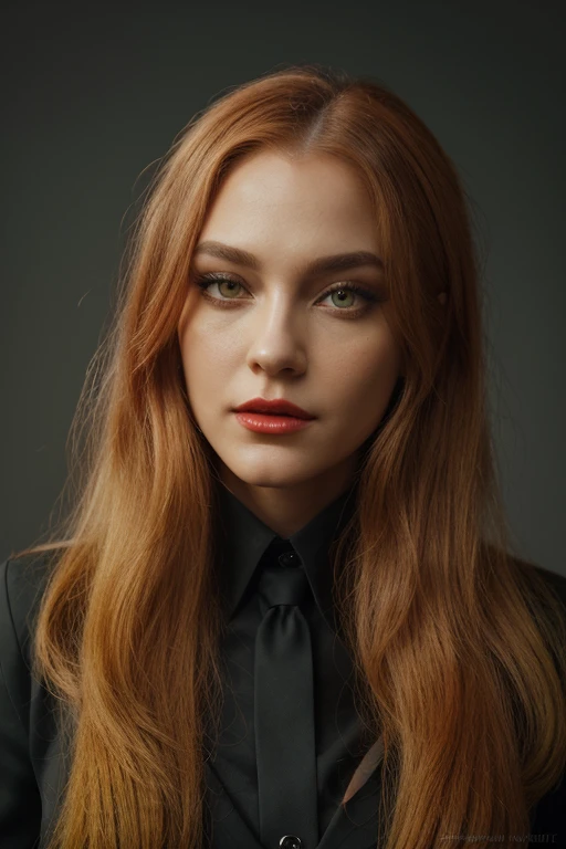 amandaelisel with black business suit with green dress shirt, perfect face and red lips and yellow eyes and very longest purple hair, ultra-realism style, fantasy, artstation, illustration