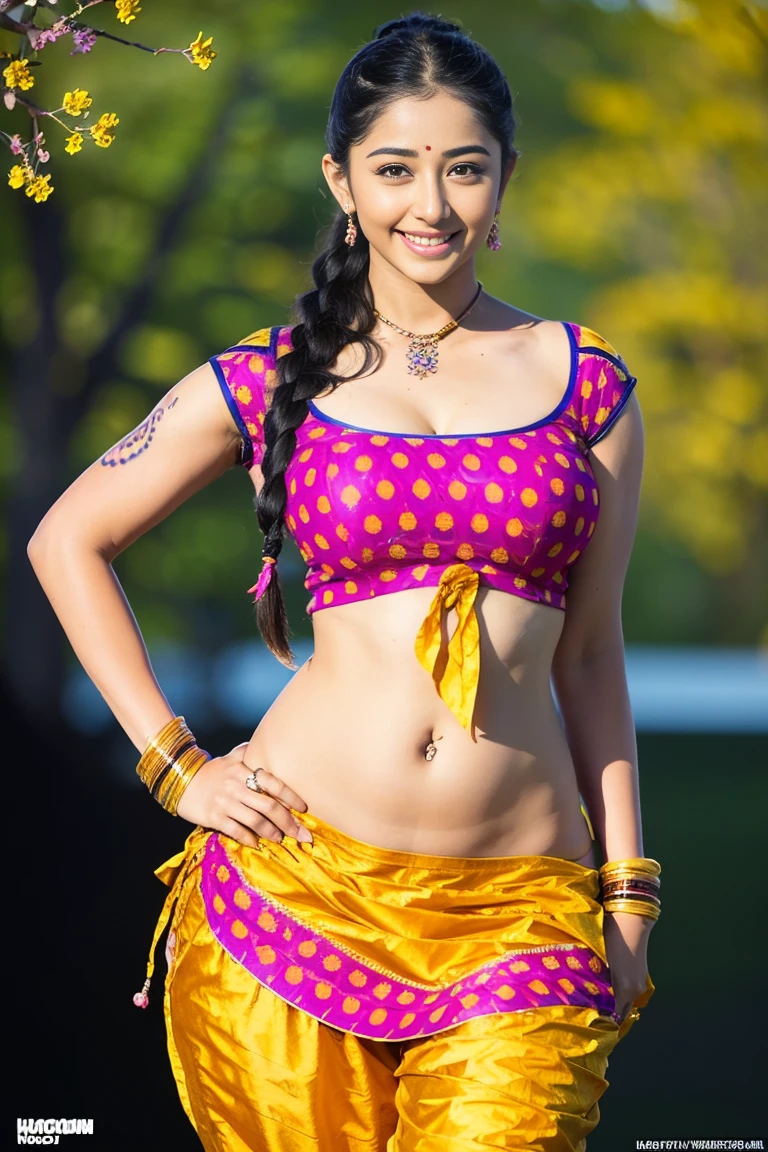 HD wallpaper 32k cinematic shoot of a Beautiful cute Pooja Hegde, with thick thighs and a curvy waist, single braid, wearing an Indian blouse top, horny, seductively, in a school corridor, dotted blouse top, smiling, ((long curvy waist)), ((lowwaist)), ((curvy waist)), ((tattoo on her navel)), ((holding a flower in her hand))