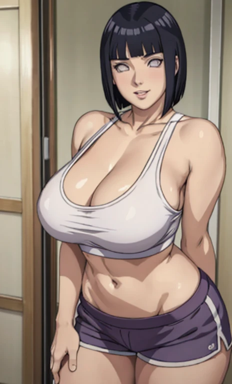 standing, solo, hinata\(boruto\), 1girl, mature female, white sports bra and shorts, showing off), sideboob, large breasts, areola slip, cleavage, leaning forward, hanging breasts, curvy, standing, hands behind her back pose, looking at viewer, blush, parted lips, light smile, short hair