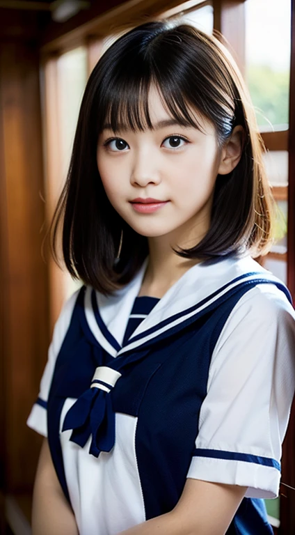 beautiful girl, (highest quality:1.4), (Very detailed), (Very detailed美しい顔), Look forward, 日本のSailor suit, Great face and eyes, iris,Medium Hair, Black Hair, (Sailor suit, school uniform:1.2), Short sleeve,Smooth, Highly detailed CG composite 8k wallpaper, High-resolution RAW color photos, Professional photography, Light, BackLight, dream-like, impressive, Written boundary depth、Japanese Classroom、