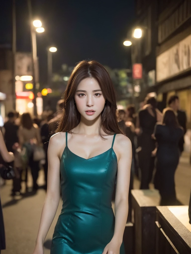 ((Realistic lighting, Best quality, 8K, Masterpiece: 1.3)), Focus: 1.2, 1girl, Perfect Body Beauty: 1.4, Slim Abs: 1.1, ((Dark Brown Hair)), (Aqua Dress: 1.4), (Outdoor, Night: 1.1), City Street, Super Fine Face, Fine Eyes, Double Eyelids,