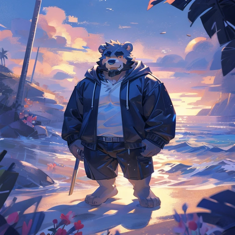 (masterpiece:1.2), highest quality,Pixiv,Official Art,Perfect Anatomy, (Ray Tracing, Light),alone, (1_male:1.3) , (logic), (Grey fur:1.4), (logic bear), (beard:1.2), (Glowing golden eyes), thick black eyebrows, (Open hoodie:1.2),(Naked inside:1.2), Swim Briefs, (barefoot:1.2), Portraiture, alone座っている, Ocean , Beach , flower , plant , Beach