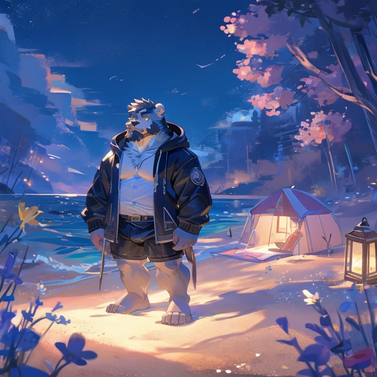 (masterpiece:1.2), highest quality,Pixiv,Official Art,Perfect Anatomy, (Ray Tracing, Light),alone, (1_male:1.3) , (logic), (Grey fur:1.4), (logic bear), (beard:1.2), (Glowing golden eyes), thick black eyebrows, (Open hoodie:1.2),(Naked inside:1.2), Swim Briefs, (barefoot:1.2), Portraiture, alone座っている, Ocean , Beach , flower , plant , Beach