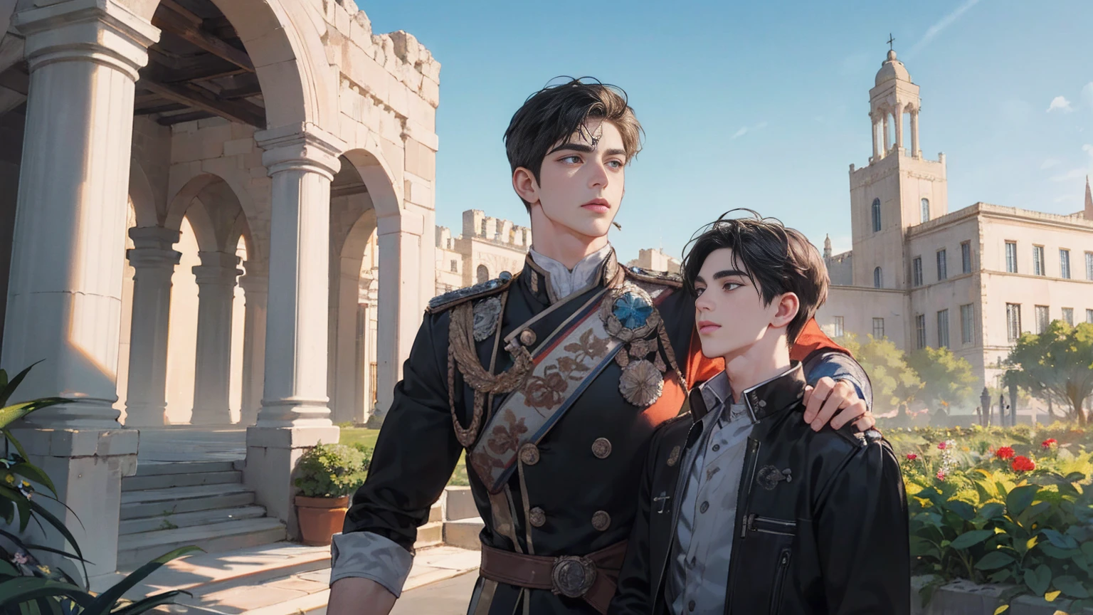best quality,4k,8k,highres,masterpiece:1.2,ultra-detailed,realistic:1.37,constantine the great and his son crispus,beautiful detailed eyes,beautiful detailed lips,extremely detailed eyes and face,longeyelashes,Constantine the Great and his son Crispus in a garden,illustration,oil painting,3D rendering,photography,masterpiece,peaceful and sunny atmosphere,vibrant colors,gentle lighting,Constantine and Crispus repairing their relationship in modern times,Croatian city of Pula in the background,happy and harmonious relationship,blue sky,serene atmosphere