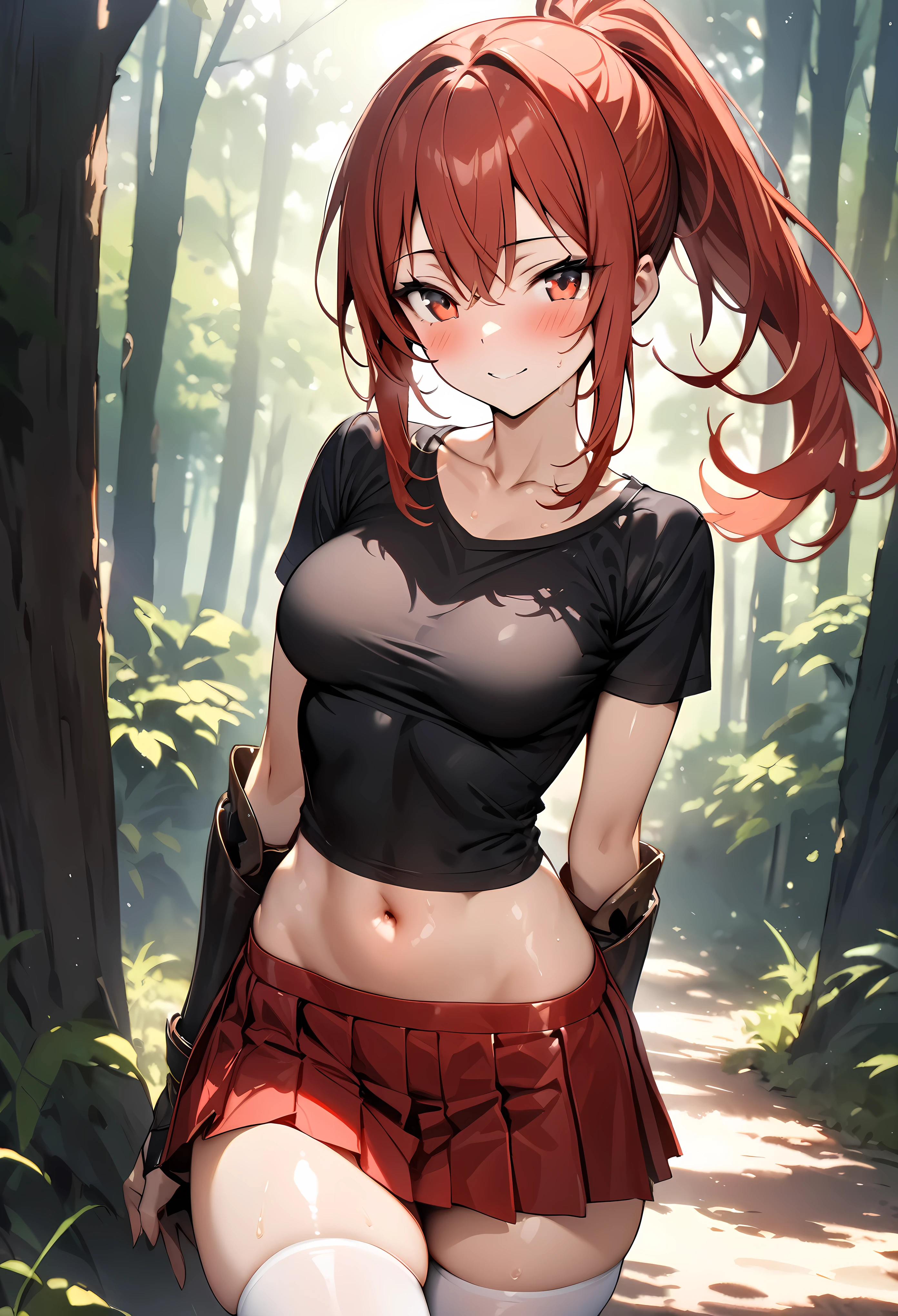 ((masterpiece, highest quality:1.3)),cowboy shot,25 year old beauty,solo,((very small head)),red hair,ponytail hair,long hair,red eyes,blunt,skinny,medium breasts,((long body)),slender body,skinny,shiny skin,oily skin,blush,A strong smile、Tight black t-shirt、Crop length、navel、Short sleeve、Brown Leather Gauntlets、Pleated red mini skirt、white_thighhighs、forest、Sunlight filtering through the trees、