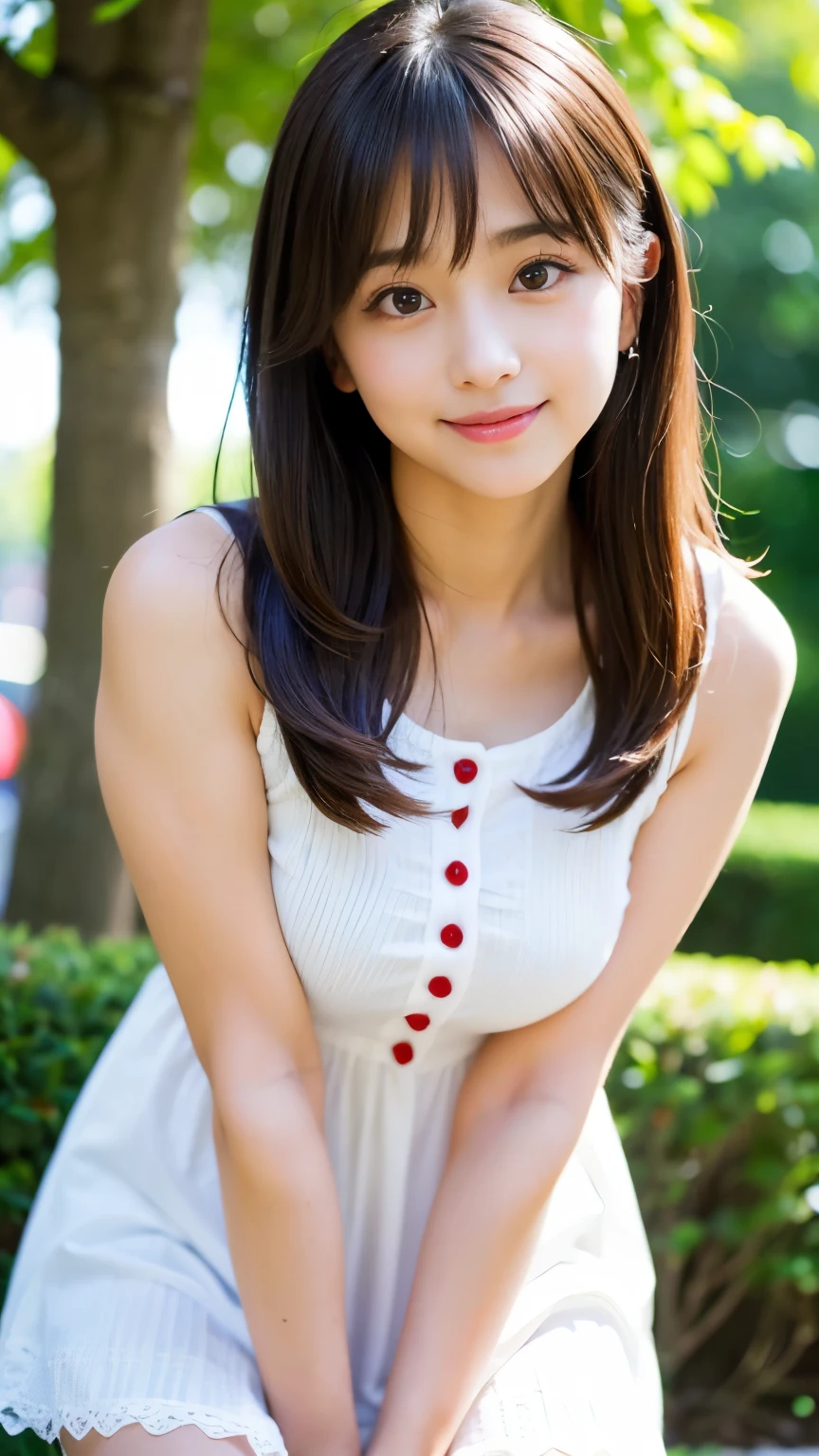 (Best-quality, Masterpiece, Ultra-High-Resolution, (Photorealistic:1.4), Raw Photo, depth of field, professional lighting, perfect anatomy, extremely details, perfect body, perfect face), 1girl, 15-years-old, the most famous Japanese idol, at amazingly beautiful park, ((wearing casual dress with cute-design)), (extremely cute face like the most popular Japanese idol, ((extremely cute and extremely big eyes)), extremely cute hair, extremely beautiful skins), extremely cute cheeks, extremely cute long-eyelashes, extremely cute lips, extremely beautiful thighs, looking at viewer, innocent smile, detailed amazingly-beautiful-park