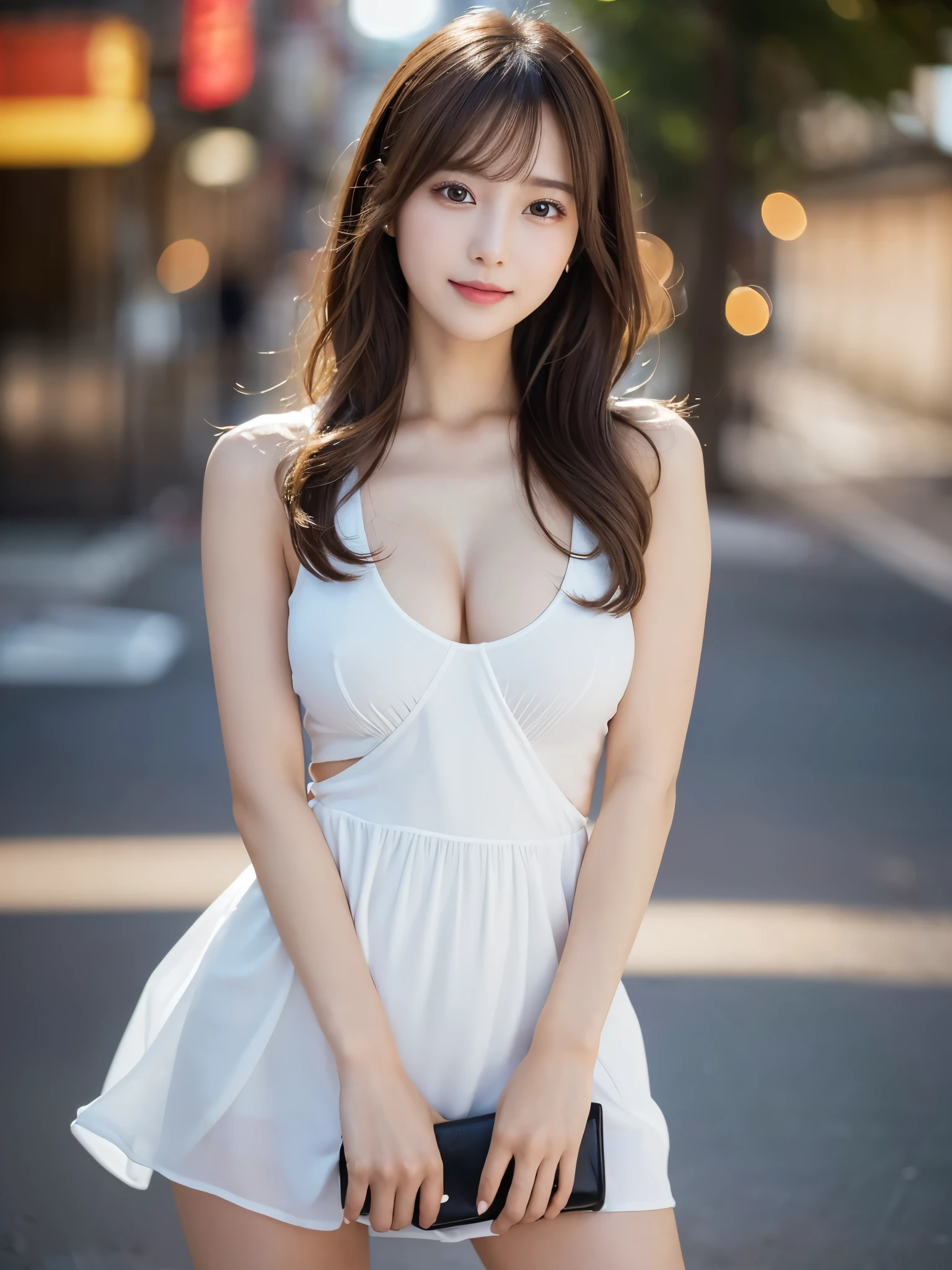 (Detailed skin:1.2),(Shiny skin:1.1),8k,highest quality, masterpiece, Ultra-high resolution,(Realistic:1.4), RAW Photos,(Soft Saturation:1.3),(Fair skin:1.2),Japanese Idols,repair,20 years, Brown Hair, Medium Hair, Asymmetrical Hair, Wavy Hair, (Perfect Anatomy),
(Pretty face:1.4), (Big Breasts, Tight waist), Beautiful lighting, Small Head,
(White or black mini dress:1.2,), Highly detailed face, Highly detailed lips, fine grain, double eyelid,, ((Full Body Shot:1.2)), Sharp focus: 1.2, Beautiful woman with perfect figure: 1.2、Random Pause,Accentuate the lines of your legs、smile、