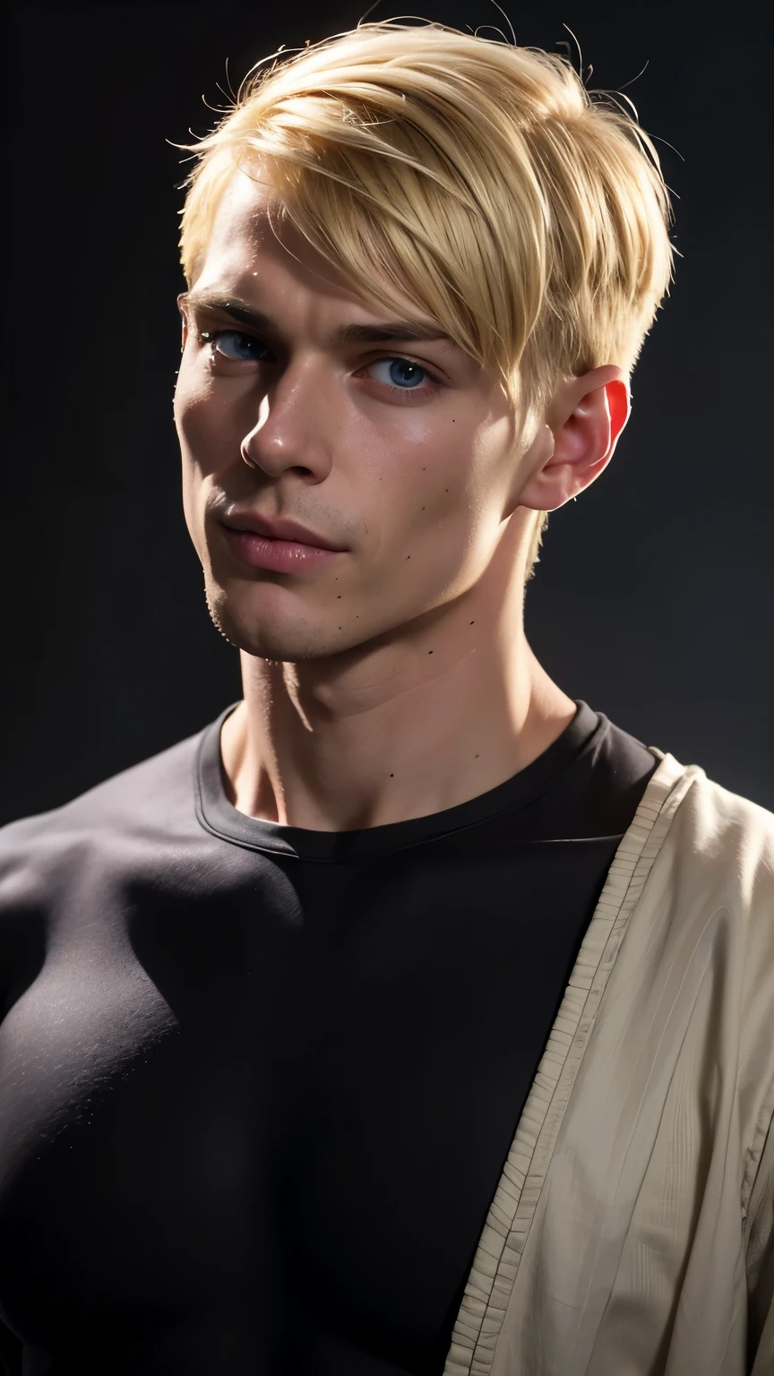 (Art), 8k computer graphics, best quality, intricate details, chromatic aberration, close-up, ((bust photo)), ((Looking at viewer)), 1 boy, ((character((A boy) ), smug smile, closed mouth, blue eyes)), strong face, handsome face, defined chin, chiseled face, sharp features, cheekbones, sharp facial features, ((short hair, ((blonde hair)), long bangs )), , defined body, masculine features, Broad shoulders, slender, Muscular body, (((Background(((dark background)), haze)))