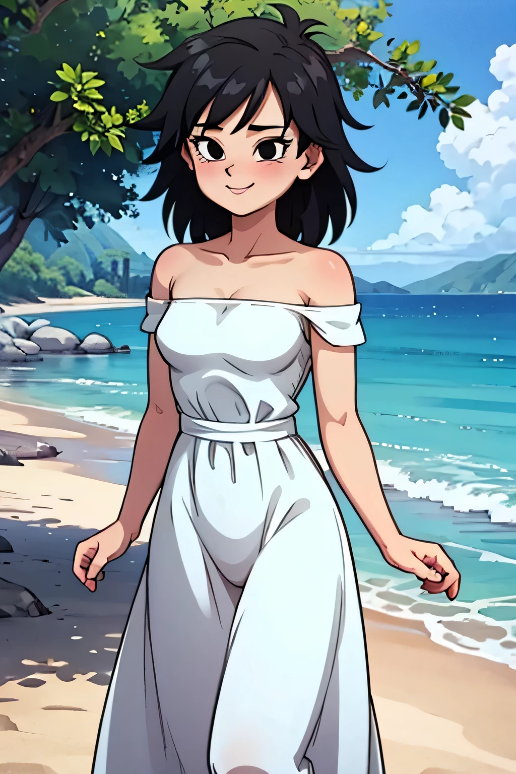 anime screencap, masterpiece, best quality, highres, outdoors, small breasts, gine, spiky black hair, 1 girl, Solo, Black Eyes, Good hands are down, Smile, Blushing, Bare Neck, Bare Shoulders, strapless, white dress, White Ruffle off-the-shoulder maxi dress with a high-low hem. Cowboy shot. A landscape of the beach, sea, blue skies, sand beach. In the center. Walking on the beach with white high heels. Far from the bottom, looking at viewers