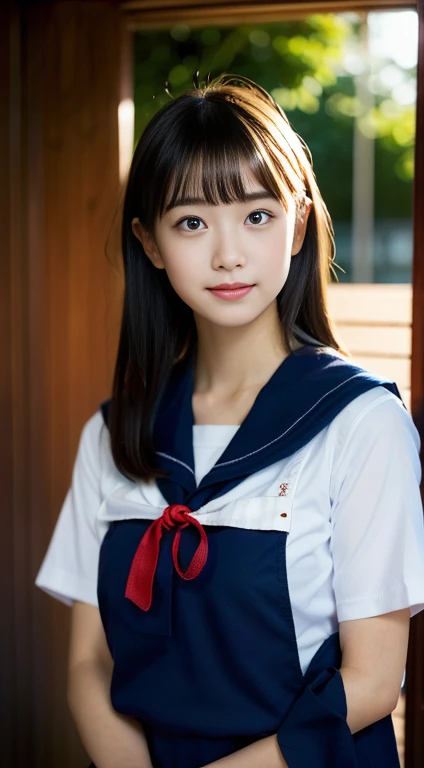 beautiful girl, (highest quality:1.4), (Very detailed), (Very detailed美しい顔), look forward to, 日本のSailor suit, Great face and eyes, iris,Medium Hair, Black Hair, (Sailor suit, school uniform:1.2), Short sleeve,Smooth, Highly detailed CG composite 8k wallpaper, High-resolution RAW color photos, Professional photography, Light, BackLight, dream-like, impressive, Written boundary depth、Japanese Classroom、